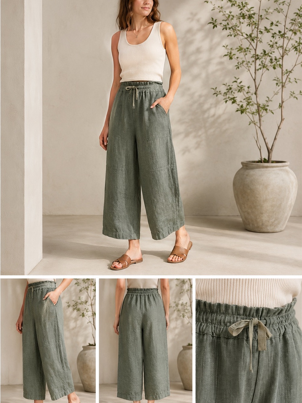 Poetry 100% Linen Wide Leg Crop Pants Women’s US 4 Sage Green